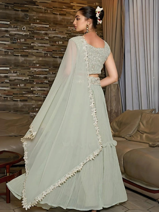 Odette Grey Georgette Embroidered Semi-Stitched Lehenga For Women
