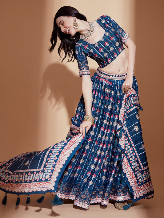 Odette Teal Printed Chinon Semi Stitched Lehenga With Unstitched Blouse For Women