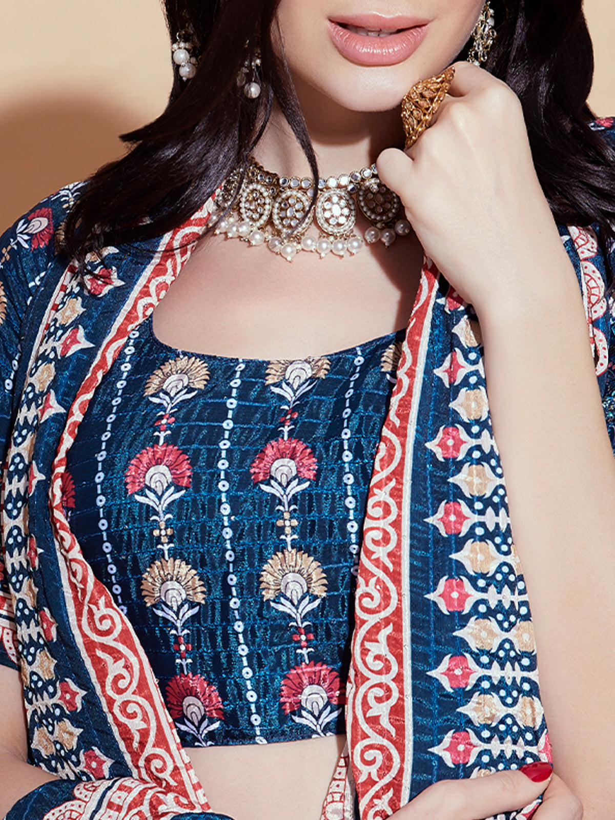 Odette Teal Printed Chinon Semi Stitched Lehenga With Unstitched Blouse For Women