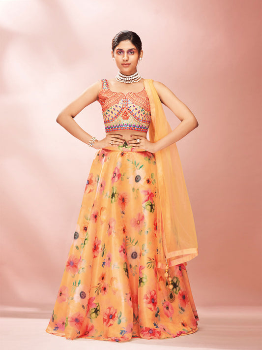 Odette Yellow Printed Organza Stitched Lehenga With Blouse For Women