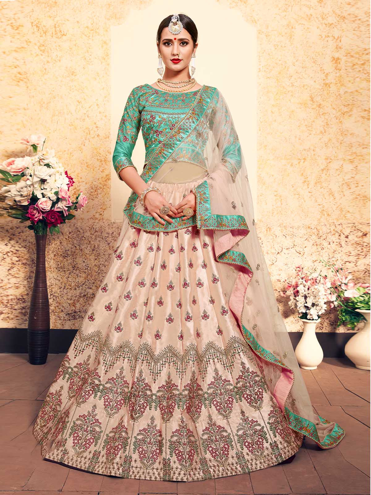 Odette Women Peach Elegant Semi Stitched Lehenga With Unstitched Blouse