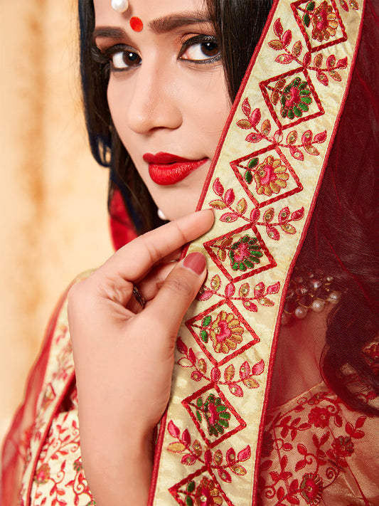 Odette Women Beige Satin Embroidered Semi Stitched Lehenga With Unstitched Blouse