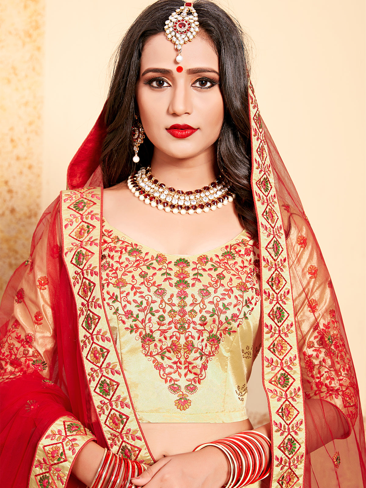 Odette Women Beige Satin Embroidered Semi Stitched Lehenga With Unstitched Blouse