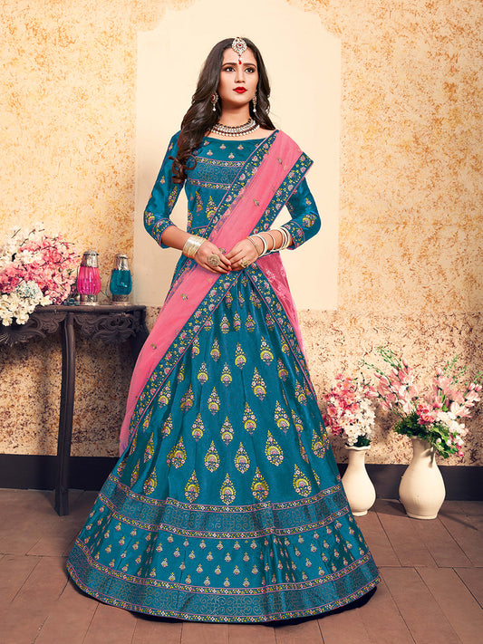 Odette Women Semi Stitched Teal Embroidered Semi Stitched Lehenga With Unstitched Blouse