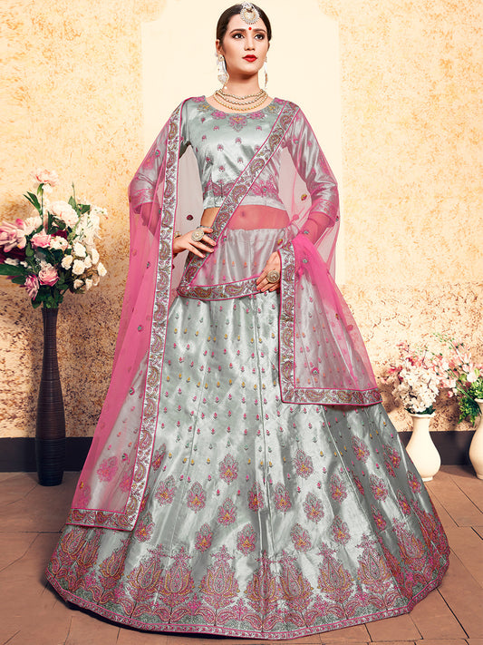 Odette Women Grey Designer Semi Stitched Lehenga With Unstitched Blouse