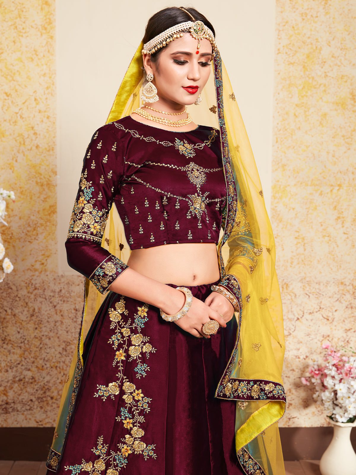 Odette Women Soft Net Maroon Semi Stitched Lehenga With Unstitched Blouse