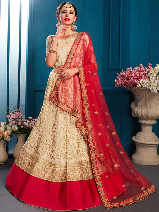 Odette Women Beige Designer Semi Stitched Lehenga With Unstitched Blouse