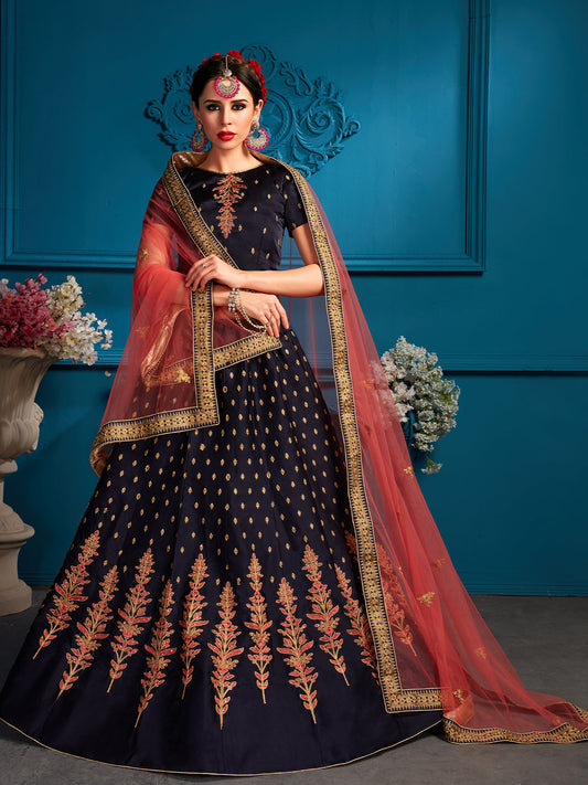 Odette Women Dark Blue Sequins Semi Stitched Lehenga With Unstitched Blouse