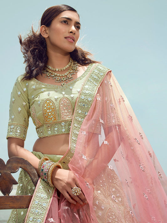 Odette Women Green Organza Embroidered Semi Stitched Lehenga With Unstitched Blouse