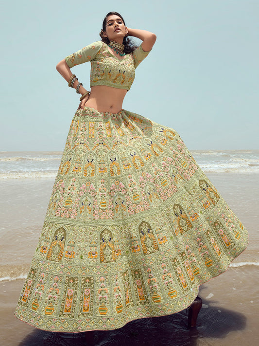 Odette Women Green Embroidered Georgette Semi Stitched Lehenga With Unstitched Blouse