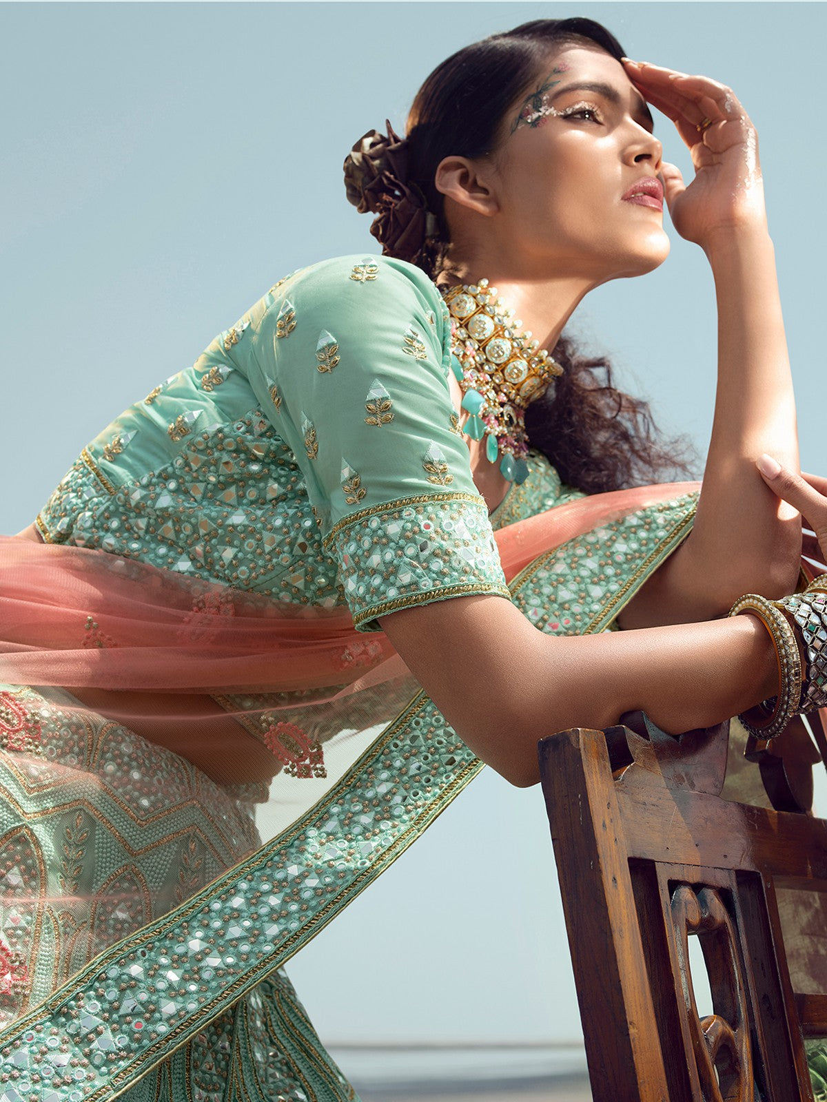 Odette Women Sea Green Embroidered Organza Semi Stitched Lehenga With Unstitched Blouse