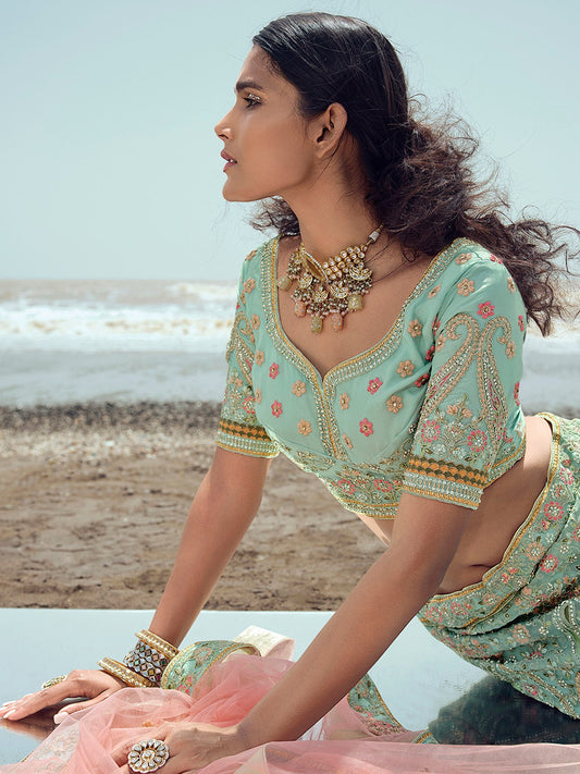 Odette Women Sky Blue Embroidered Organza Semi Stitched Lehenga With Unstitched Blouse