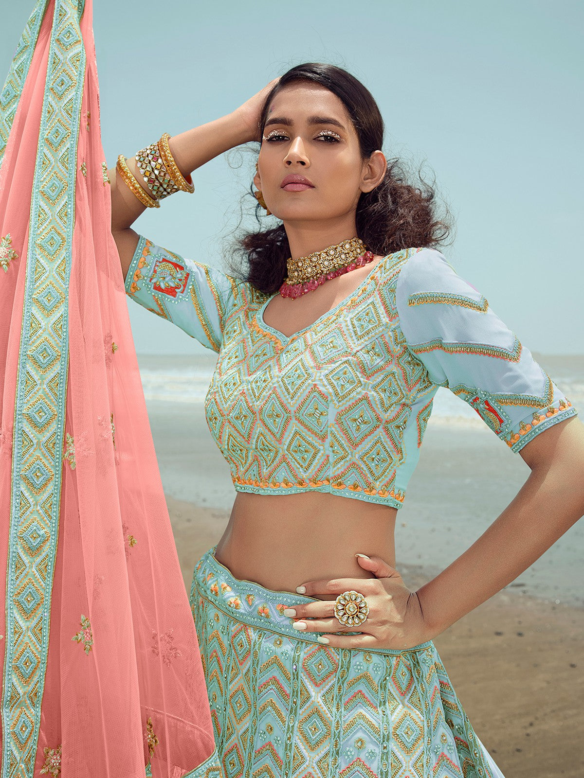 Odette Women Light Blue Georgette Semi Stitched Lehenga With Unstitched Blouse