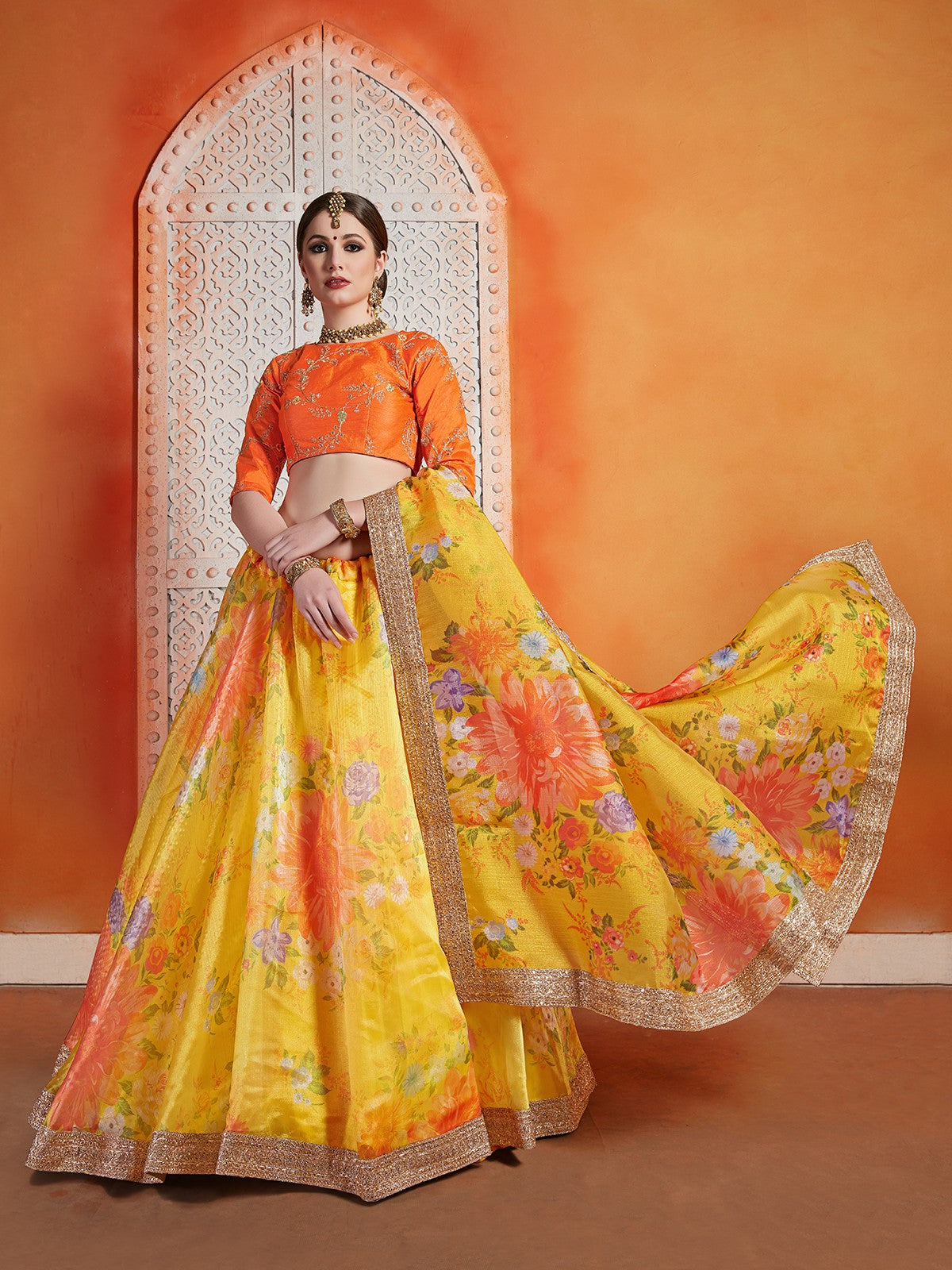 Odette Women Designer Yellow Organza Semi Stitched Lehenga With Unstitched Blouse
