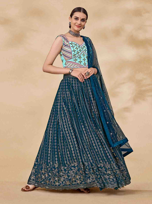 Odette Women Teal Embroidered Semi Stitched Lehenga With Unstitched Blouse