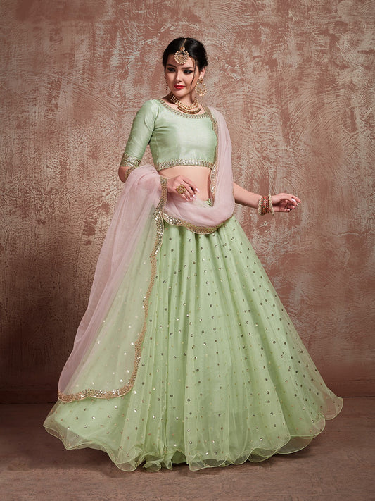 Odette Women Green Sequins Sassy Semi Stitched Lehenga With Unstitched Blouse