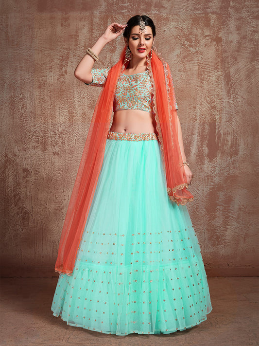 Odette Women Sea Green Stunning Semi Stitched Lehenga With Unstitched Blouse