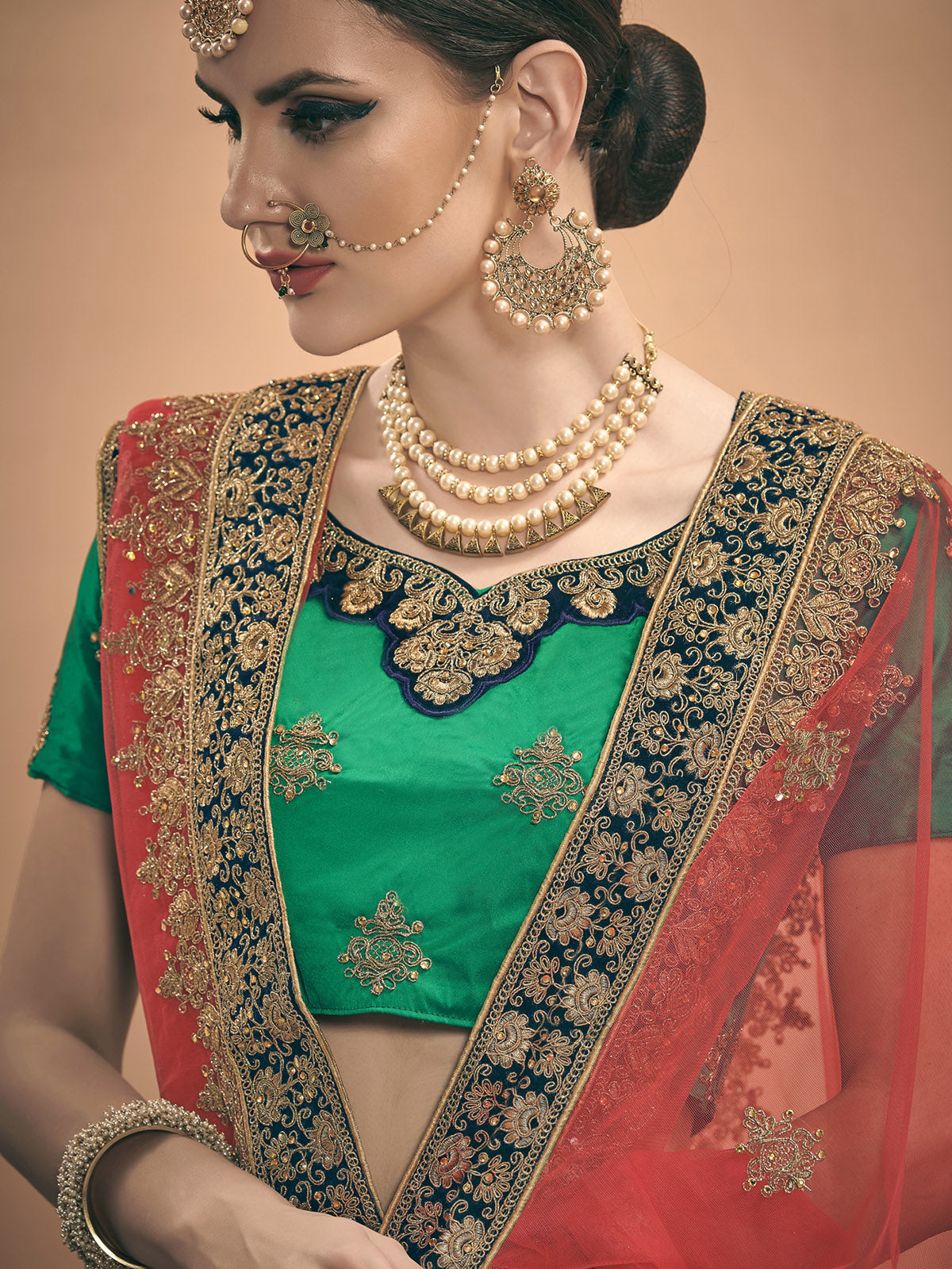 Odette Women Green Embroidered Bridal Semi Stitched Lehenga With Unstitched Blouse