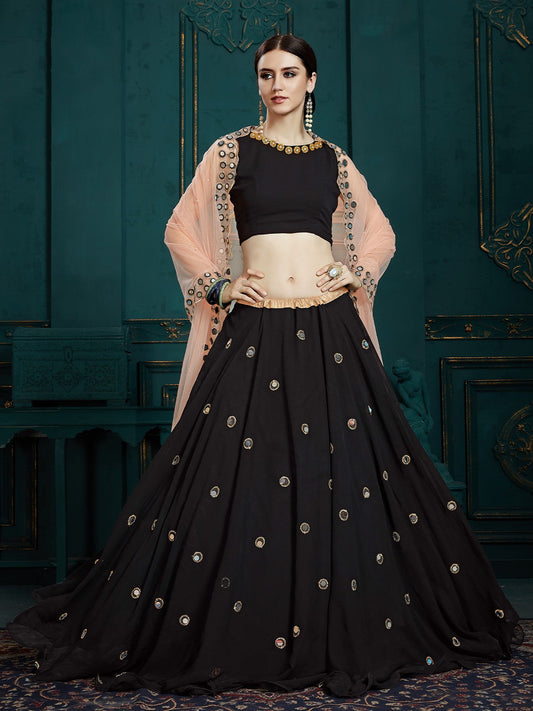 Odette Women Black Classy Semi Stitched Lehenga With Unstitched Blouse