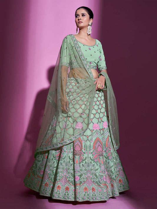 Odette Women Sea Green Georgette Embroidered Semi Stitched Lehenga With Unstitched Blouse