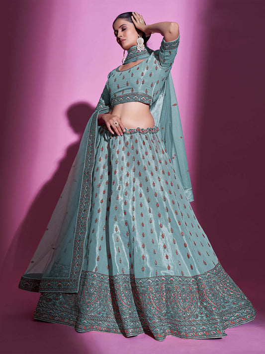 Odette Women Blue Silk Blend Embroidered Semi Stitched Lehenga With Unstitched Blouse