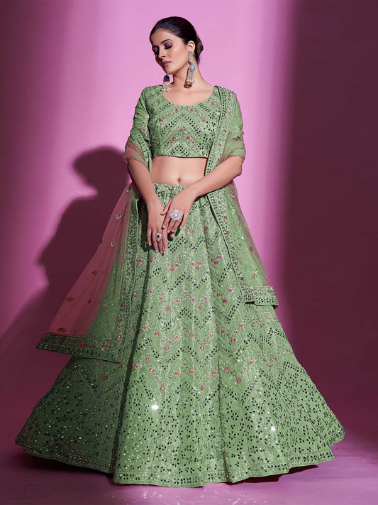 Odette Women Green Silk Blend Embroidered Semi Stitched Lehenga With Unstitched Blouse