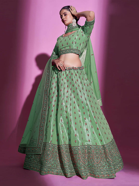 Odette Women Green Silk Blend Embroidered Semi Stitched Lehenga With Unstitched Blouse