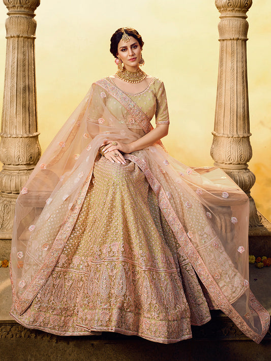 Odette Women Gold Embroidered Soft Net Semi Stitched Lehenga With Unstitched Blouse