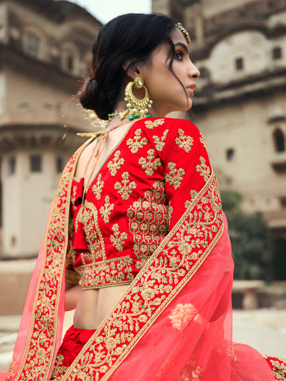 Odette Women Red Embroidered Semi Stitched Lehenga With Unstitched Blouse