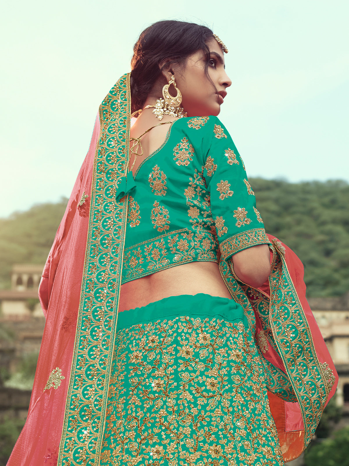 Odette Women Green Embroidered Semi Stitched Lehenga With Unstitched Blouse