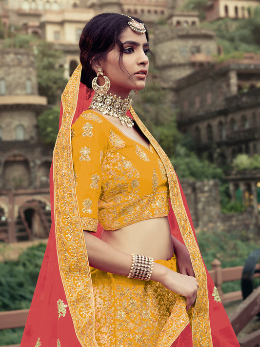 Odette Women Yellow Embroidered Semi Stitched Lehenga With Unstitched Blouse