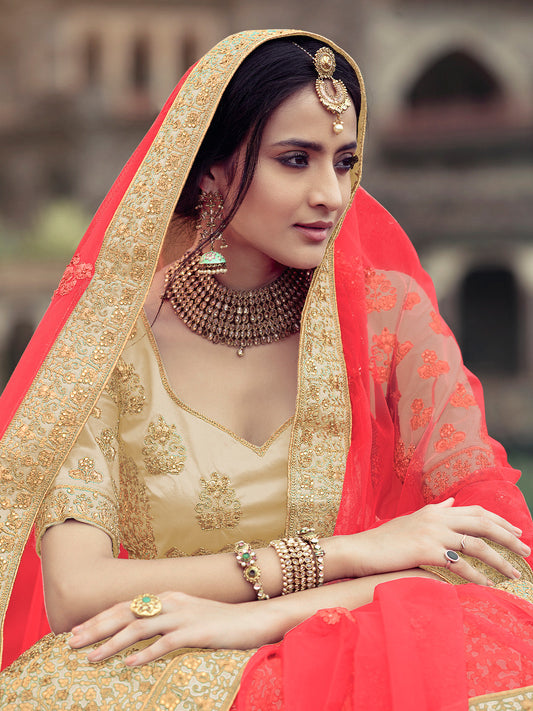 Odette Women Beige Embroidered Semi Stitched Lehenga With Unstitched Blouse