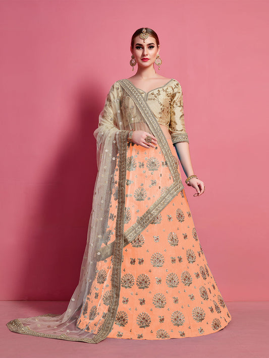 Odette Women Orange Embroidered Semi Stitched Lehenga With Unstitched Blouse