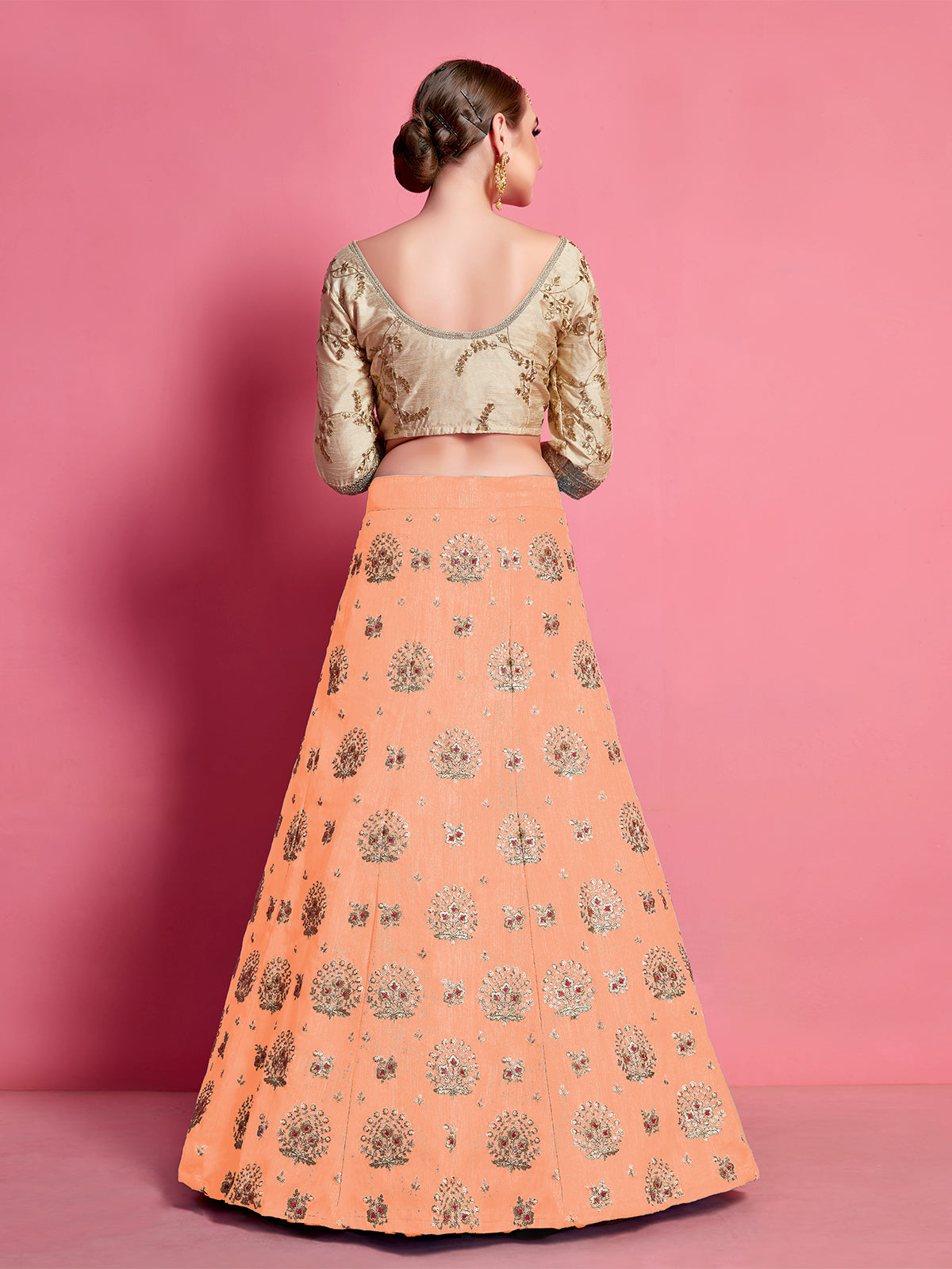 Odette Women Orange Embroidered Semi Stitched Lehenga With Unstitched Blouse