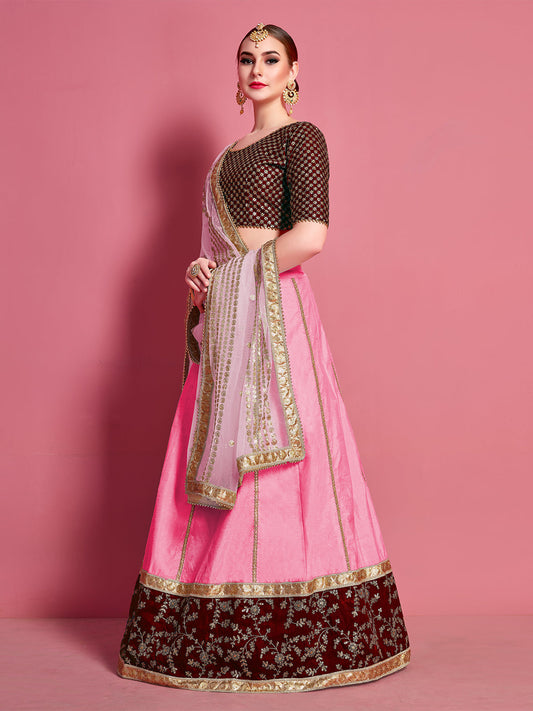 Odette Women Pink Embroidered Semi Stitched Lehenga With Unstitched Blouse