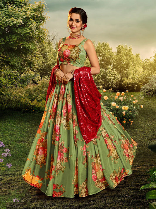 Odette Women Green Elegant Semi Stitched Lehenga With Unstitched Blouse