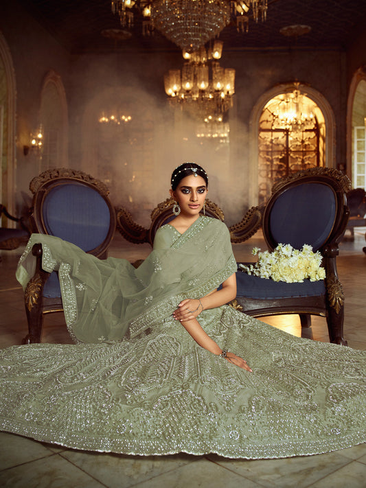 Odette Women Olive Embroidered Soft Net Semi Stitched Lehenga With Unstitched Blouse
