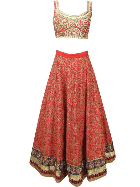 Odette Women Red Embroidered Art Silk Semi Stitched Lehenga With Unstitched Blouse