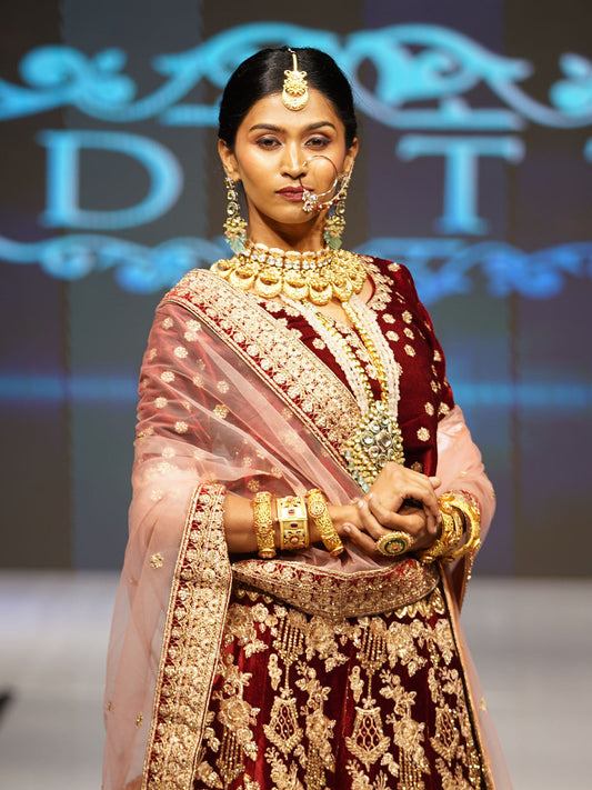 Odette Women Maroon Velvet Semi Stitched Lehenga With Unstitched Blouse