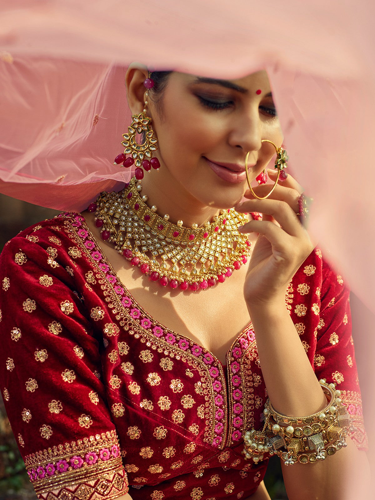 Odette Women Festive Maroon Semi Stitched Lehenga With Unstitched Blouse