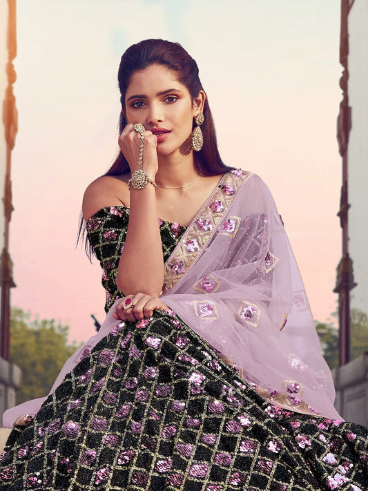 Odette Women Black Designer Sequins Semi Stitched Lehenga With Unstitched Blouse