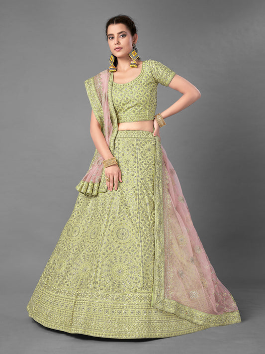 Odette Women Green Embroidered Art Silk Semi Stitched Lehenga With Unstitched Blouse