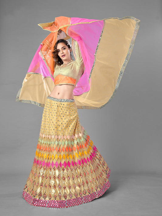 Odette Women Beige Embroidered Soft Net Semi Stitched Lehenga With Unstitched Blouse