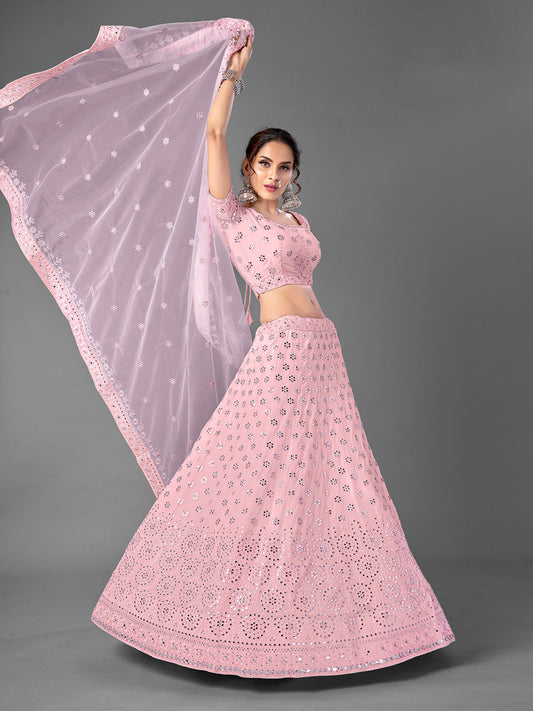 Odette Women Pink Georgette Semi Stitched Lehenga With Unstitched Blouse