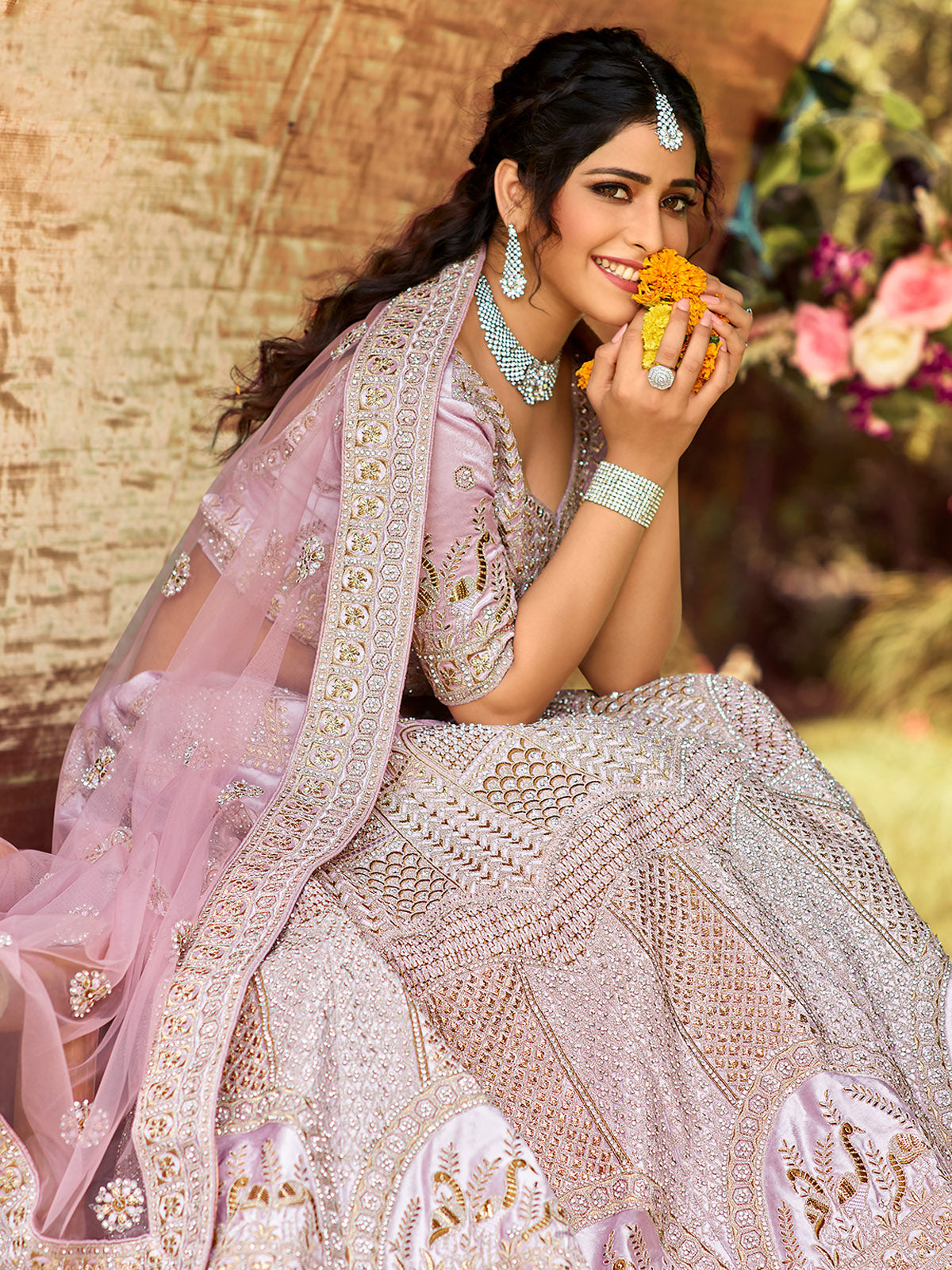 Odette Women Classy Pink Soft Net Semi Stitched Lehenga With Unstitched Blouse