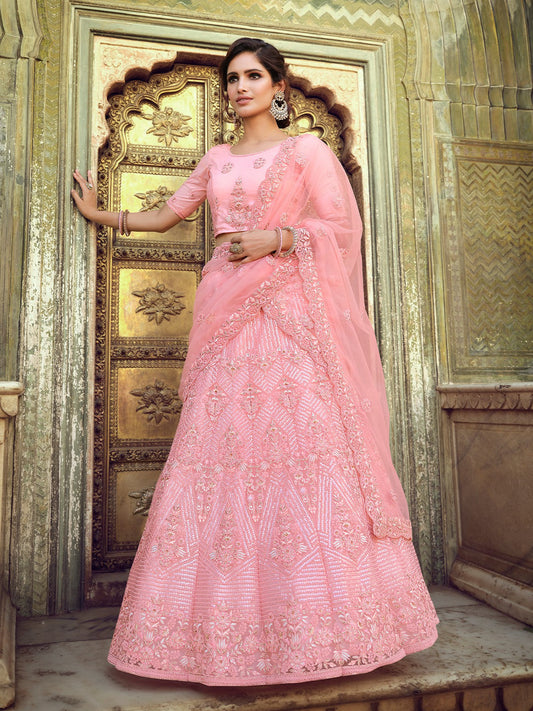 Odette Women Pink Embroidered Soft Net Semi Stitched Lehenga With Unstitched Blouse