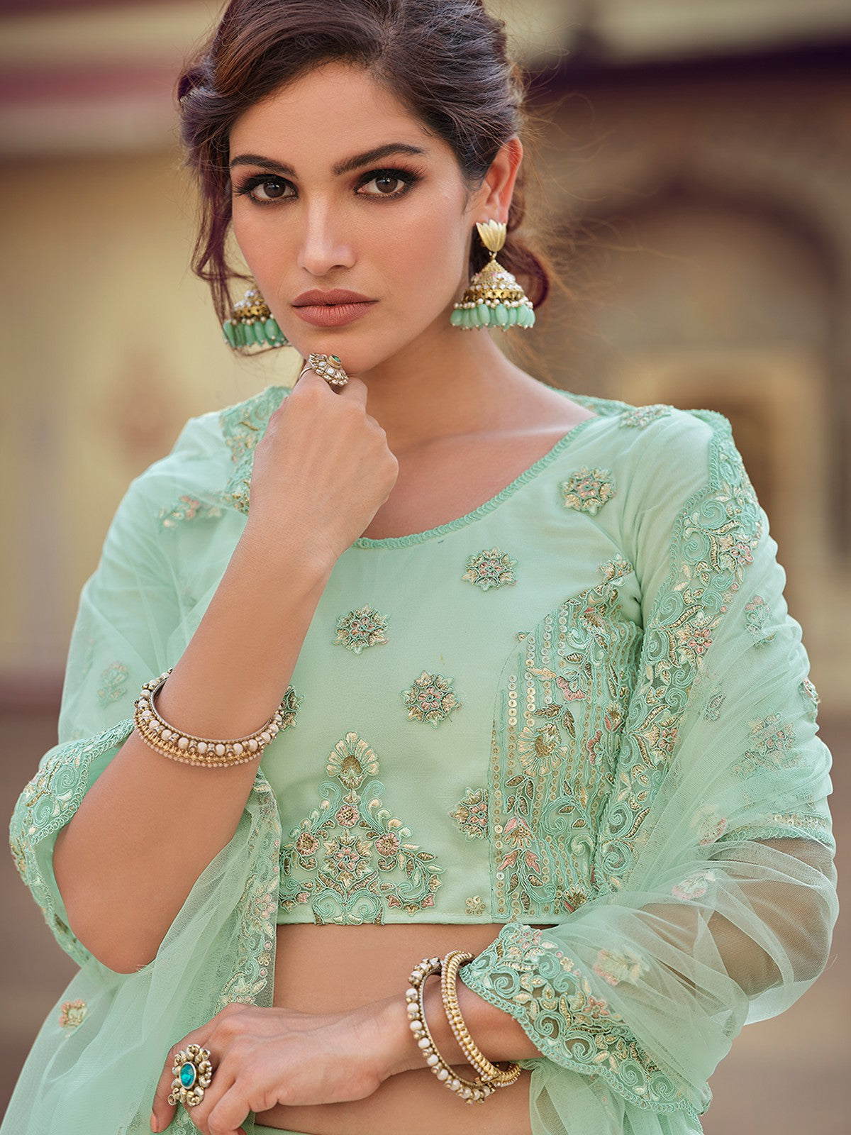 Odette Women Green Embroidered Soft Net Semi Stitched Lehenga With Unstitched Blouse