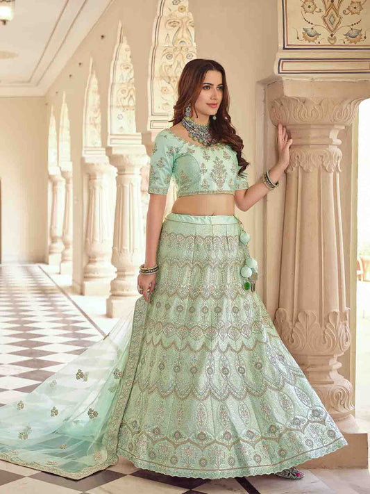 Odette Women Green Embroidered Crepe Semi Stitched Lehenga With Unstitched Blouse