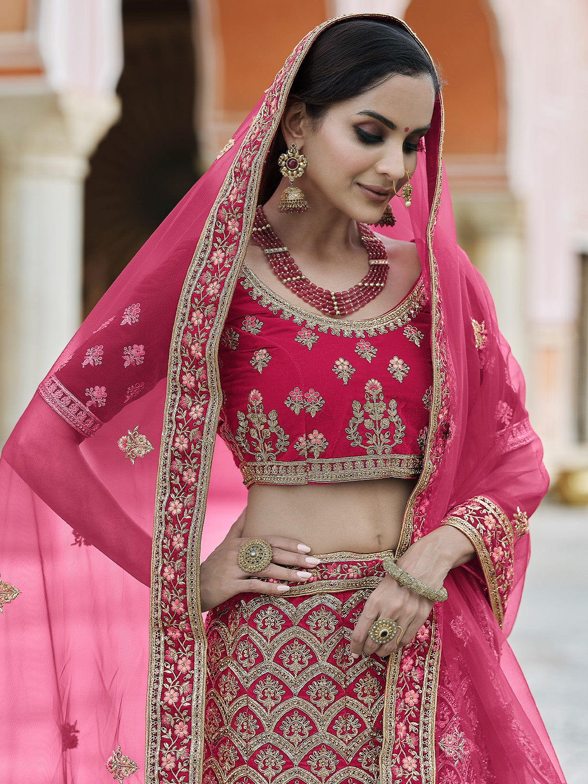 Odette Women Fancy Pink Semi Stitched Lehenga With Unstitched Blouse