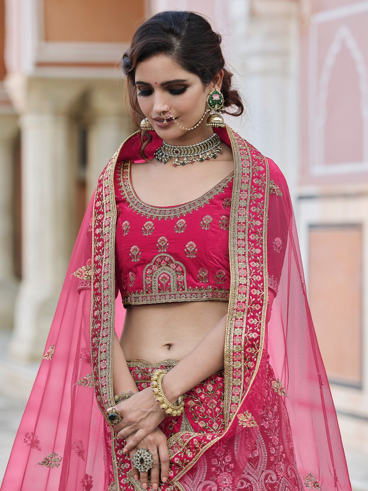 Odette Women Pink Stunning Semi Stitched Lehenga With Unstitched Blouse